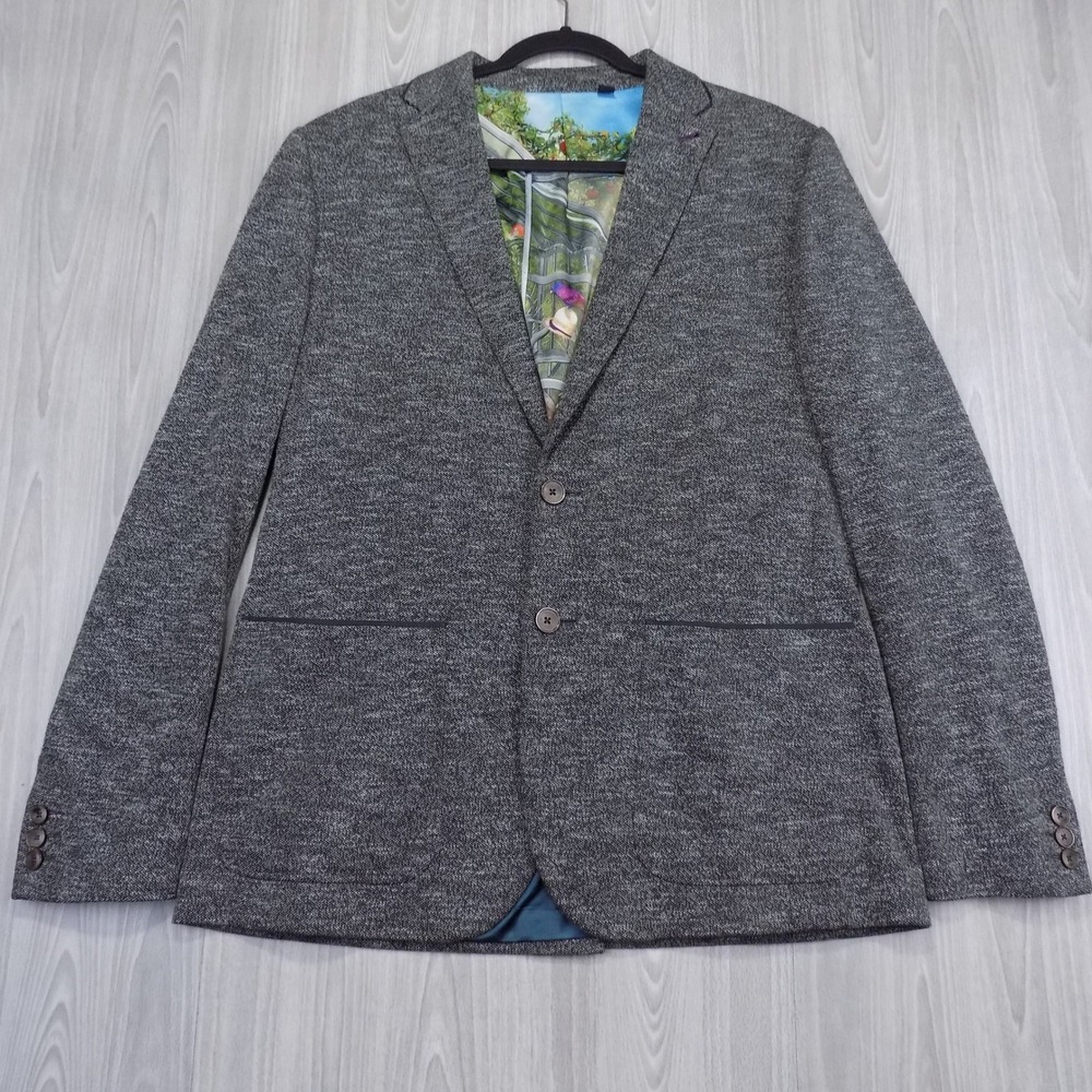 Ted Baker London Sport Coat Mens 5 Grey Textured Knit Graphic Lining EUC
